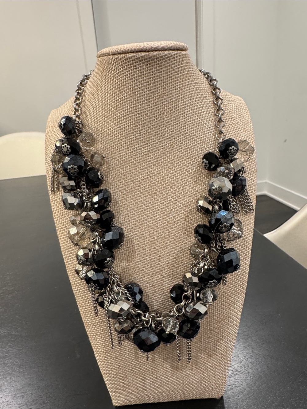 Chunky Black and Silver Beaded Statement Necklace